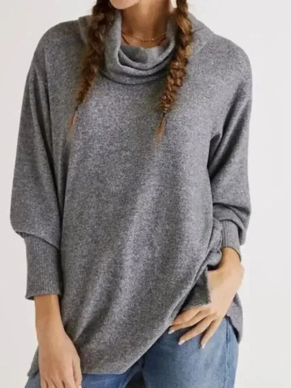 Anthropologie Gray Cowl Neck Tunic Sweater Medium Side Slits Soft Knit